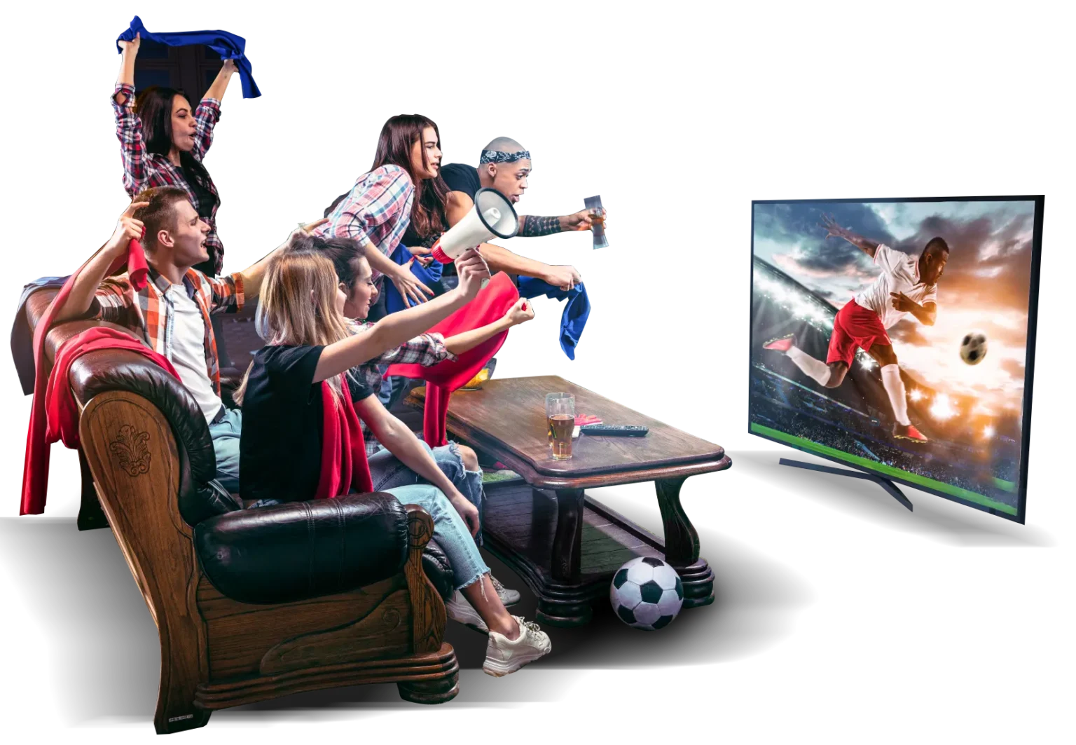 Friends enjoying a football match at home