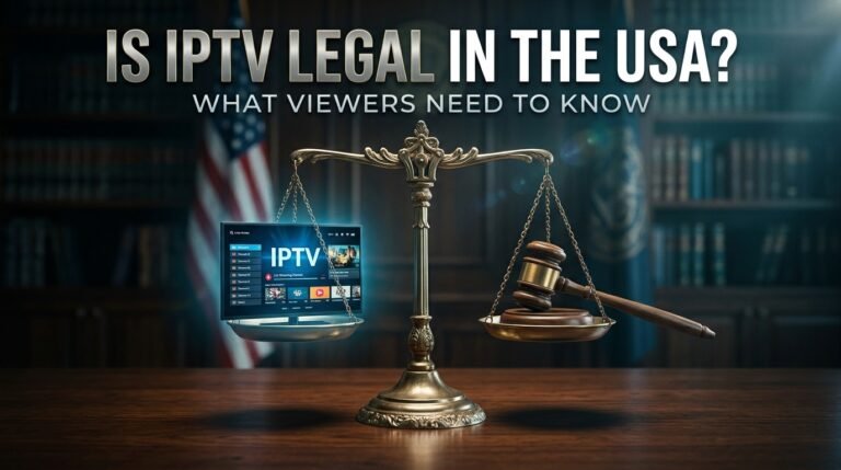 Is IPTV legal in the USA - scales of justice next to an IPTV streaming screen