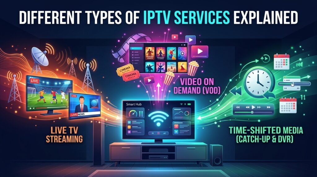 Different types of IPTV services: live TV, video on demand and catch-up