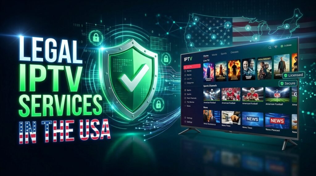 Legal IPTV services in the USA - shield icon and streaming TV