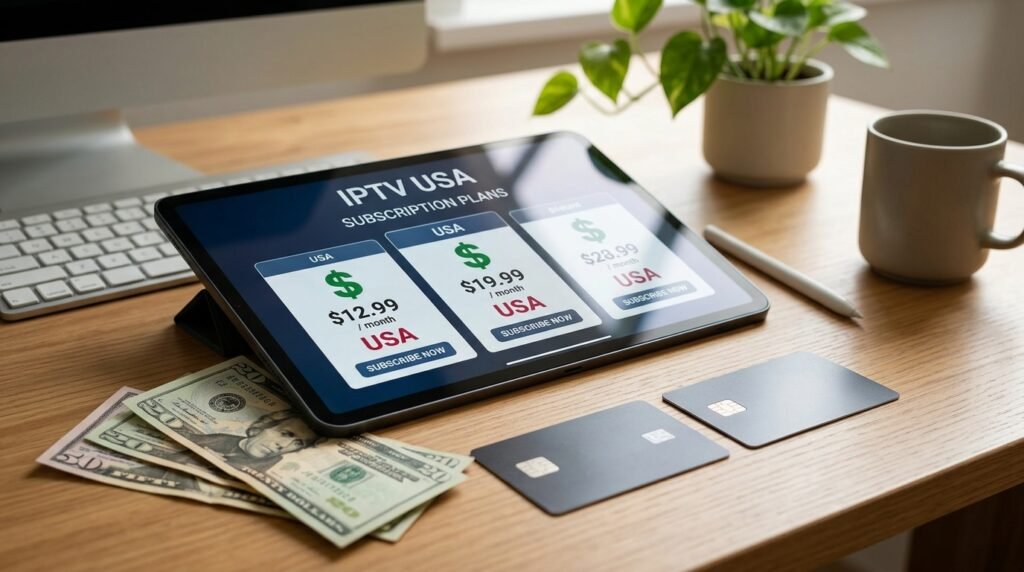 IPTV subscription cost in the USA shown on a tablet with dollar bills