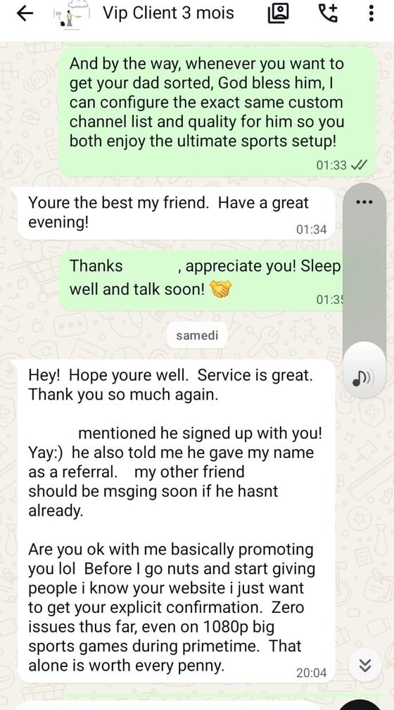 Screenshot of a WhatsApp conversation with a IPTVPub customer