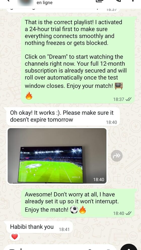 Screenshot of a WhatsApp conversation with a IPTVPub customer
