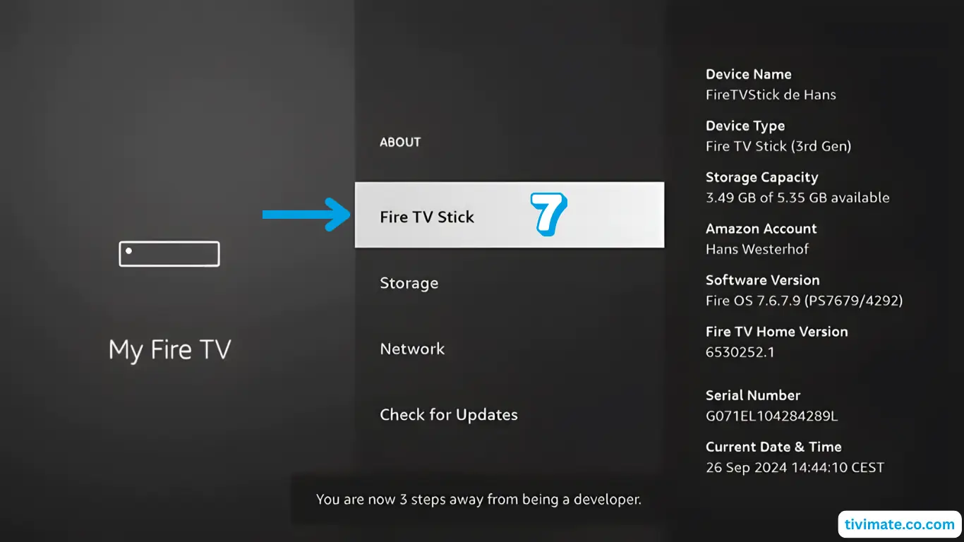Unlock developer options on Firestick by clicking the device name 7 times
