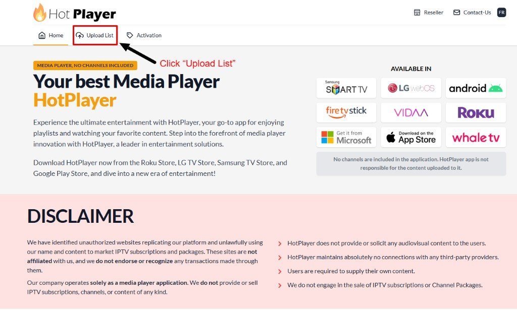 Player website used to upload an IPTV playlist for Smart TV